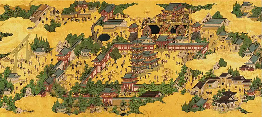 Quần thể chùa Shitennoji sau khi được xây dựng lại vào thời Genna (1615-1624).
