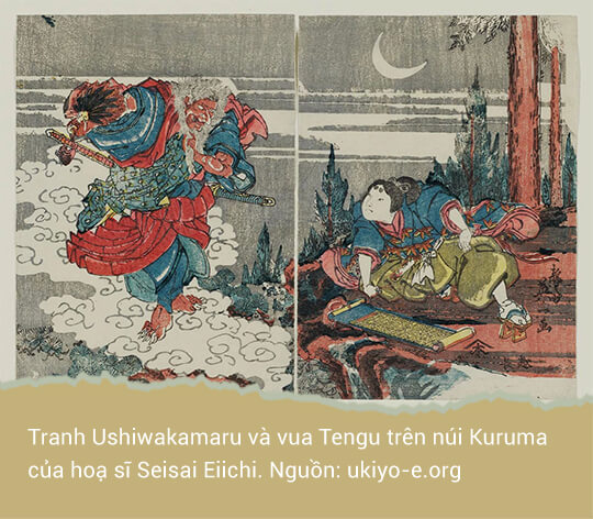 Tranh Ushiwakamaru và vua Tengu trên núi Kuruma của hoạ sĩ Seisai Eiichi. Nguồn: ukiyo-e.org