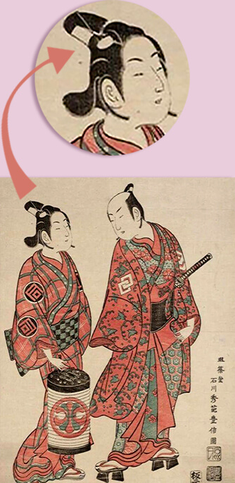 Tranh khắc gỗ của Ishikawa Toyonobu vẽ năm 1740, bên trái là một Wakashu, bên phải là một người đàn ông trưởng thành.  Tranh khắc gỗ của Ishikawa Toyonobu vẽ năm 1740, bên trái là một Wakashu, bên phải là một người đàn ông trưởng thành.