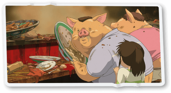 Bố mẹ của Chihiro biến thành heo sau khi ăn thức ăn ở Vùng đất linh hồn. Ảnh: dailydot/ Phim “Sprited Away” (2001).