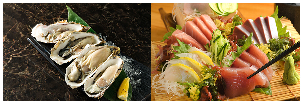 Hàu Iwagari và Sashimi. Ảnh Pixta