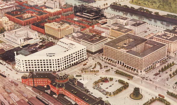 Ga xe lửa Tokyo và các khu vực lân cận bao gồm Tòa nhà Marunouchi sau cuộc tái thiết.