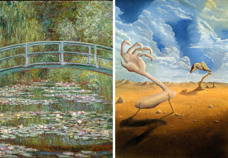 Tranh của Claude Monet và Salvador Dalí, hai đại diện của trường phái Ấn tượng và Siêu thực. Tranh của Claude Monet và Salvador Dalí, hai đại diện của trường phái Ấn tượng và Siêu thực.