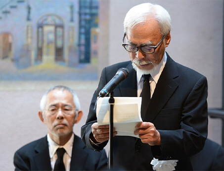 Hayao Miyazaki và Toshio Suzuki tại lễ tưởng niệm cố đạo diễn Takahata ở Bảo tàng Ghibli vào tháng 5/2018.