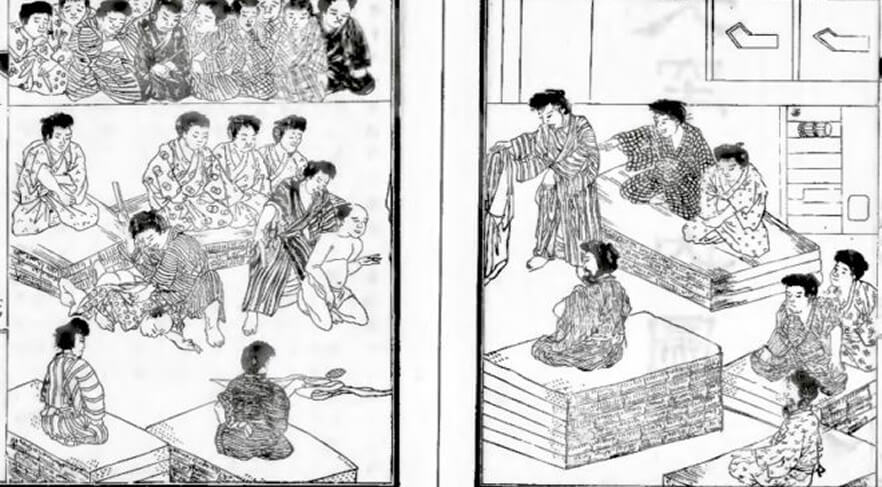 Các quản ngục ronanushi ngồi ở vị trí cao nhất, trên các tấm chiếu tatami được xếp chồng lên nhau.
